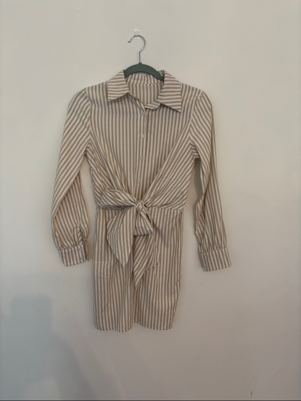 Striped Tie-Front Shirt Dress - Beige/White